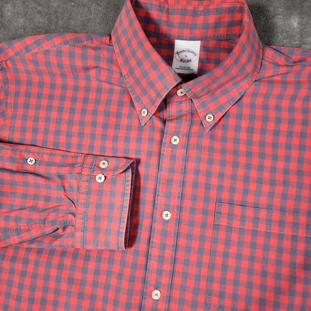 Brooks Brothers Men's L Gingham Long Sleeve Button Down Shirt Red Gray Cotton